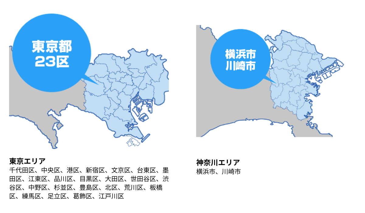 東京エリア 千代田区、中央区、港区、新宿区、文京区、台東区、墨田区、江東区、品川区、目黒区、大田区、世田谷区、渋谷区、中野区、杉並区、豊島区、北区、荒川区、板橋区、練馬区、足立区、葛飾区、江戸川区/神奈川エリア 横浜市、川崎市